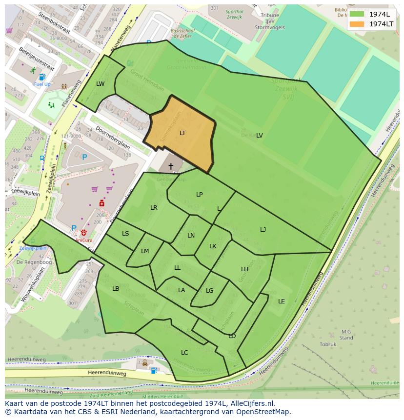 Afbeelding van het postcodegebied 1974 LT op de kaart.