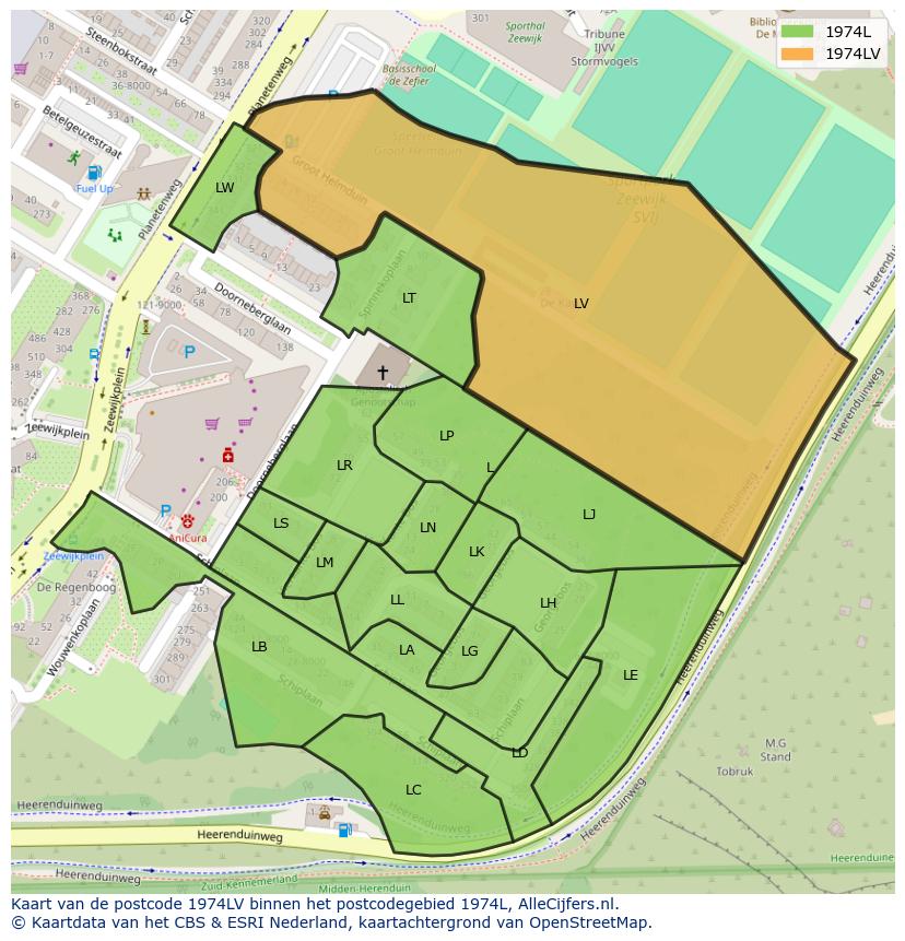Afbeelding van het postcodegebied 1974 LV op de kaart.