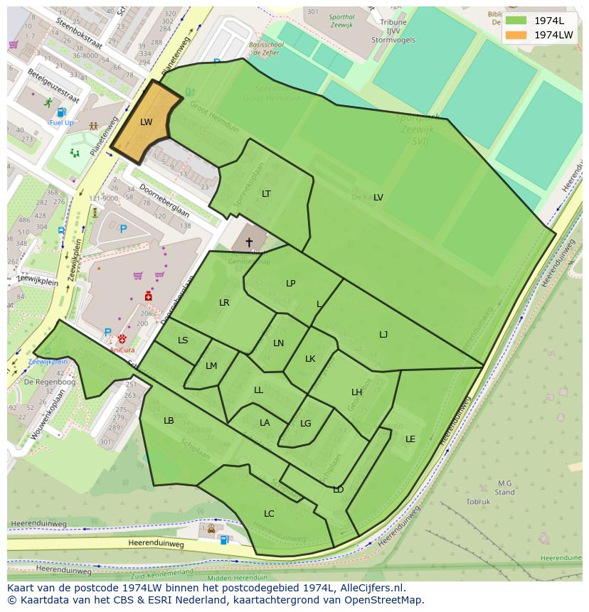 Afbeelding van het postcodegebied 1974 LW op de kaart.