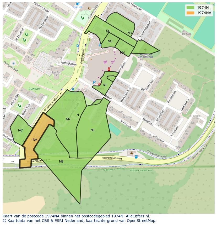 Afbeelding van het postcodegebied 1974 NA op de kaart.