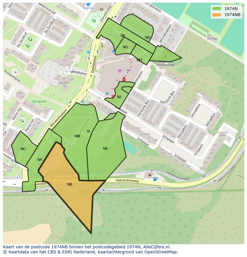 Afbeelding van het postcodegebied 1974 NB op de kaart.