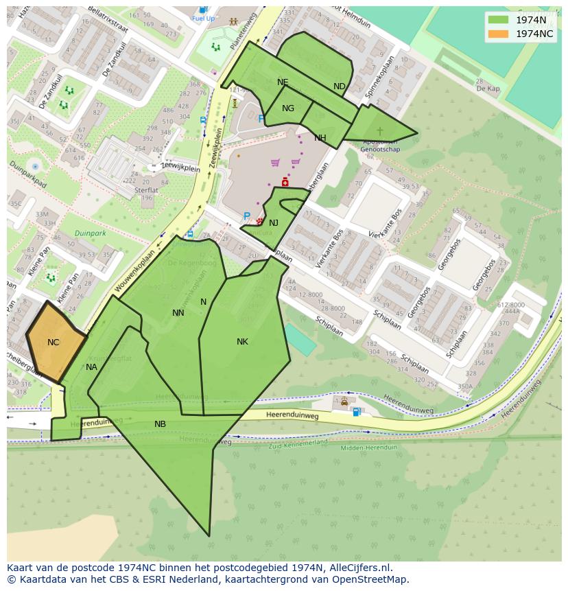 Afbeelding van het postcodegebied 1974 NC op de kaart.