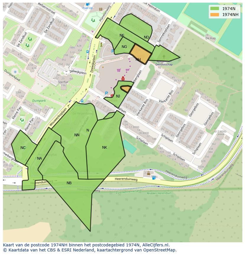 Afbeelding van het postcodegebied 1974 NH op de kaart.