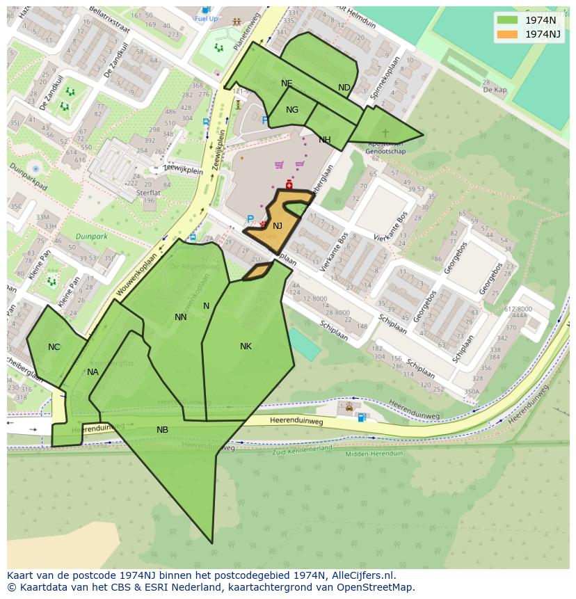 Afbeelding van het postcodegebied 1974 NJ op de kaart.