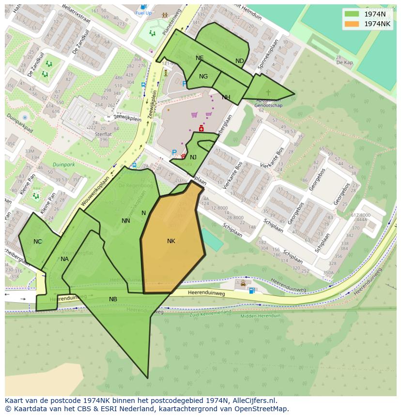 Afbeelding van het postcodegebied 1974 NK op de kaart.