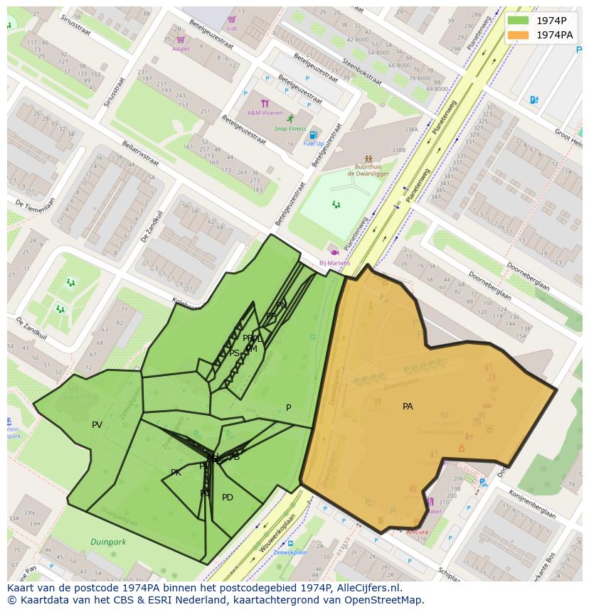 Afbeelding van het postcodegebied 1974 PA op de kaart.