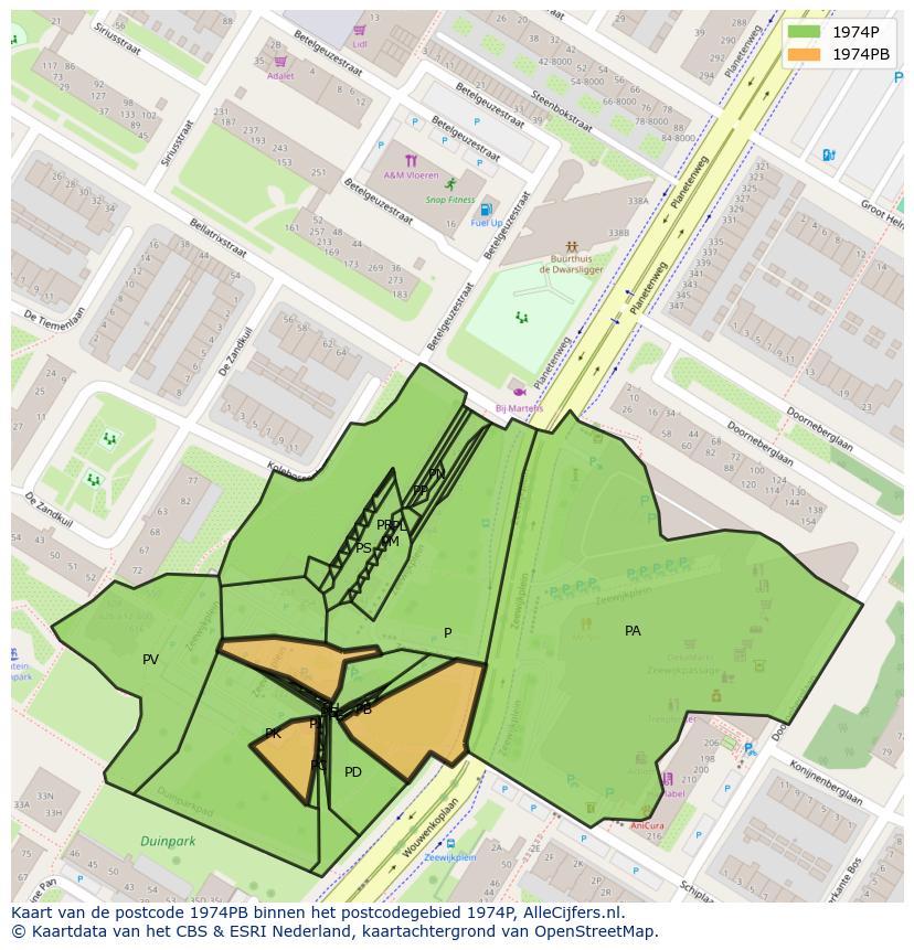 Afbeelding van het postcodegebied 1974 PB op de kaart.