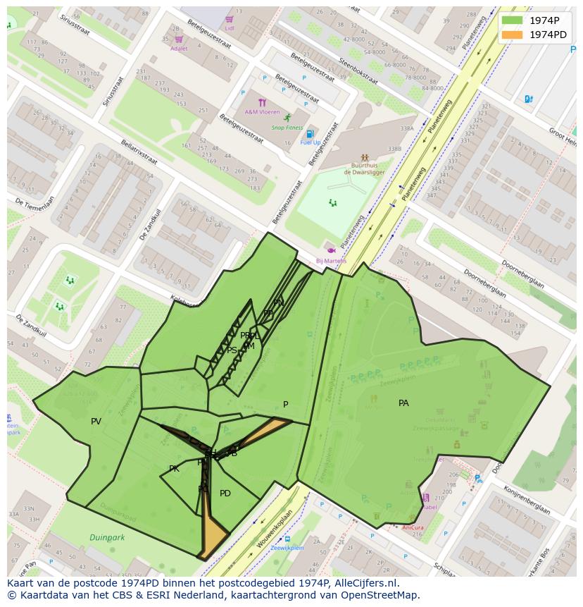 Afbeelding van het postcodegebied 1974 PD op de kaart.