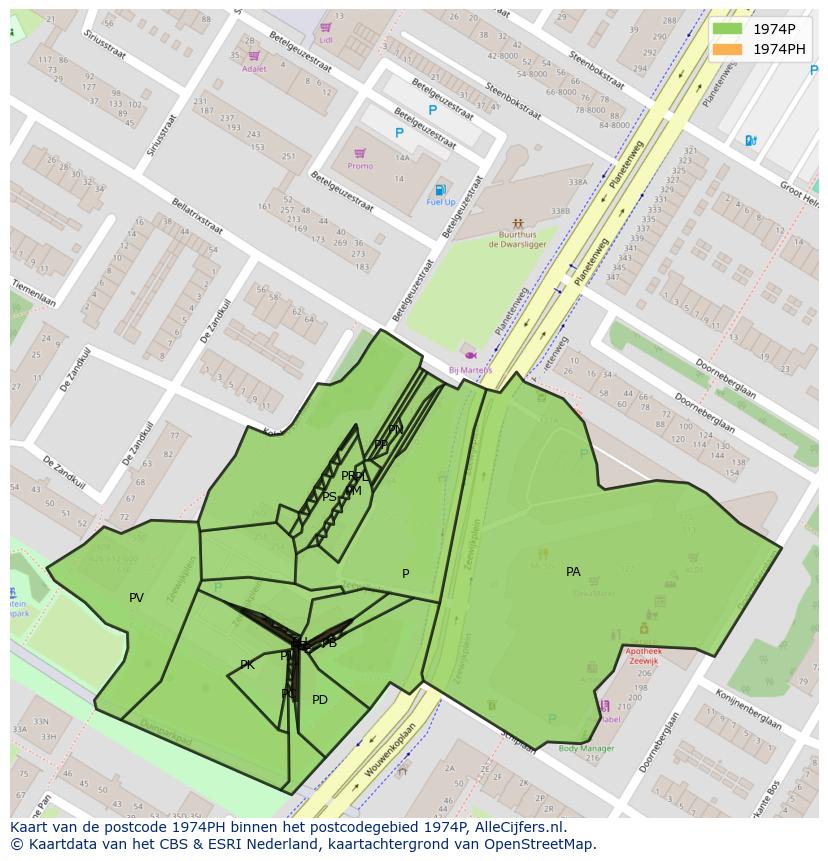 Afbeelding van het postcodegebied 1974 PH op de kaart.
