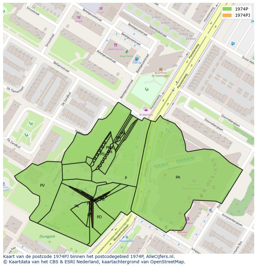 Afbeelding van het postcodegebied 1974 PJ op de kaart.