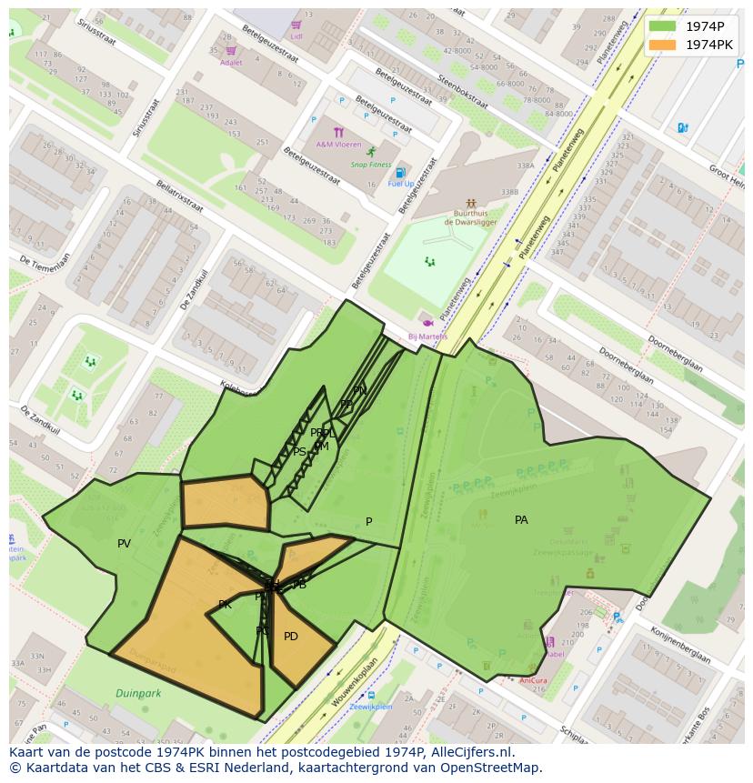 Afbeelding van het postcodegebied 1974 PK op de kaart.