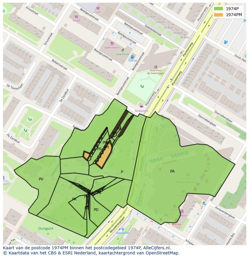 Afbeelding van het postcodegebied 1974 PM op de kaart.
