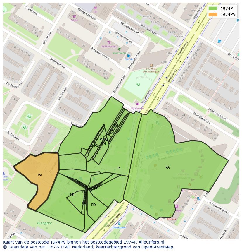Afbeelding van het postcodegebied 1974 PV op de kaart.