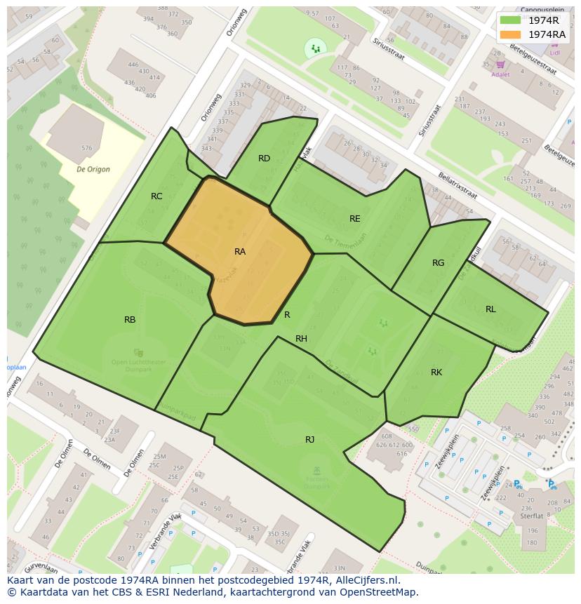 Afbeelding van het postcodegebied 1974 RA op de kaart.