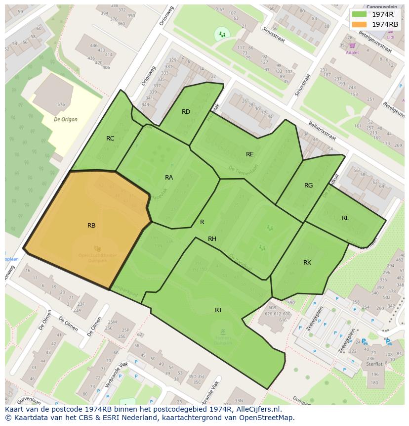 Afbeelding van het postcodegebied 1974 RB op de kaart.