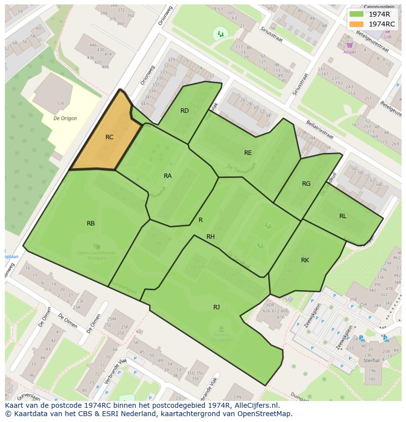 Afbeelding van het postcodegebied 1974 RC op de kaart.