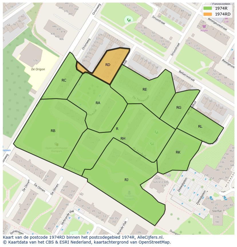Afbeelding van het postcodegebied 1974 RD op de kaart.