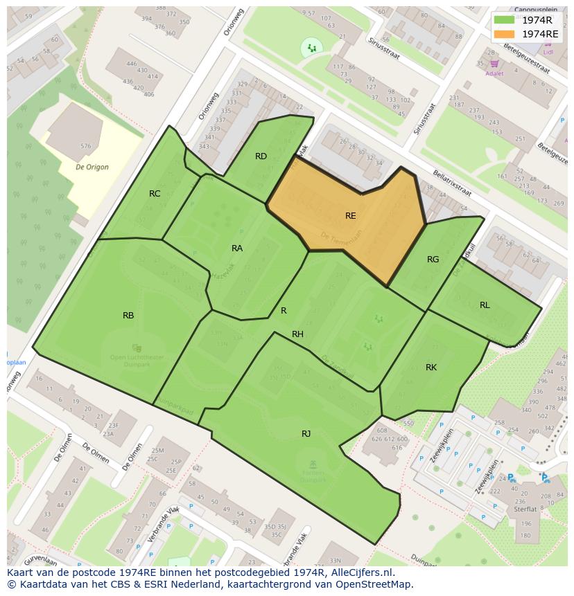 Afbeelding van het postcodegebied 1974 RE op de kaart.