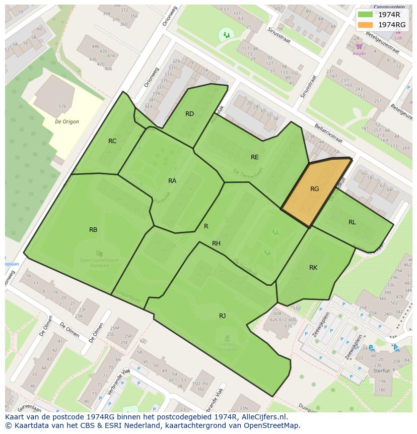 Afbeelding van het postcodegebied 1974 RG op de kaart.
