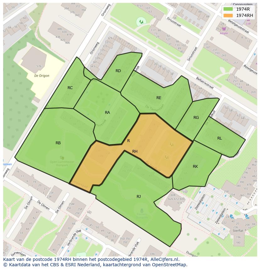 Afbeelding van het postcodegebied 1974 RH op de kaart.