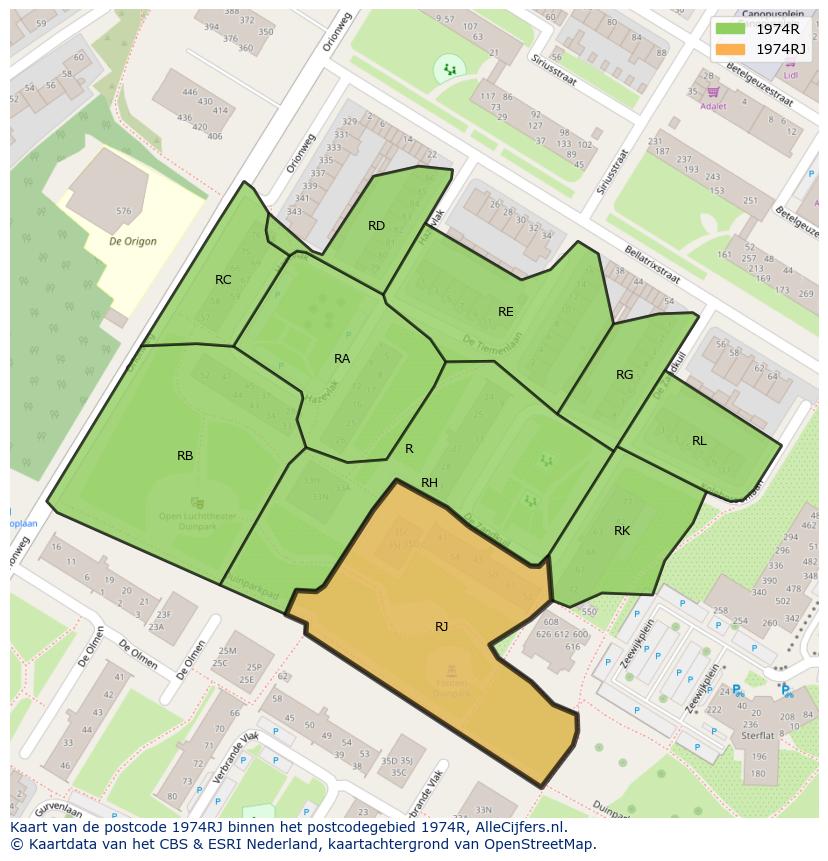 Afbeelding van het postcodegebied 1974 RJ op de kaart.