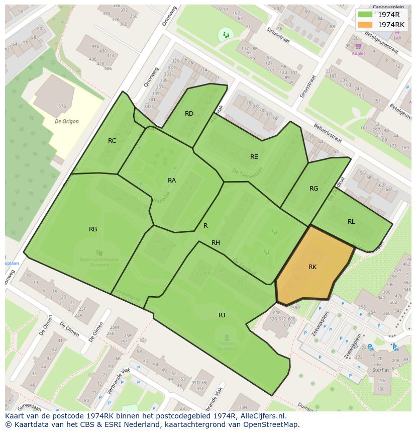 Afbeelding van het postcodegebied 1974 RK op de kaart.
