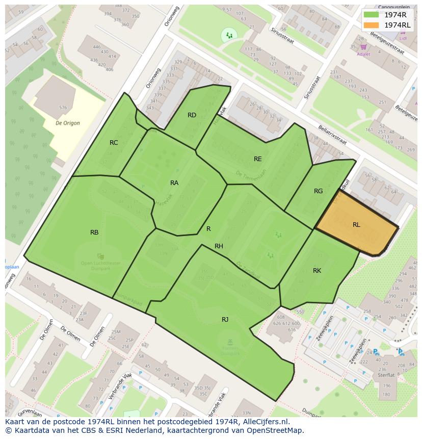 Afbeelding van het postcodegebied 1974 RL op de kaart.