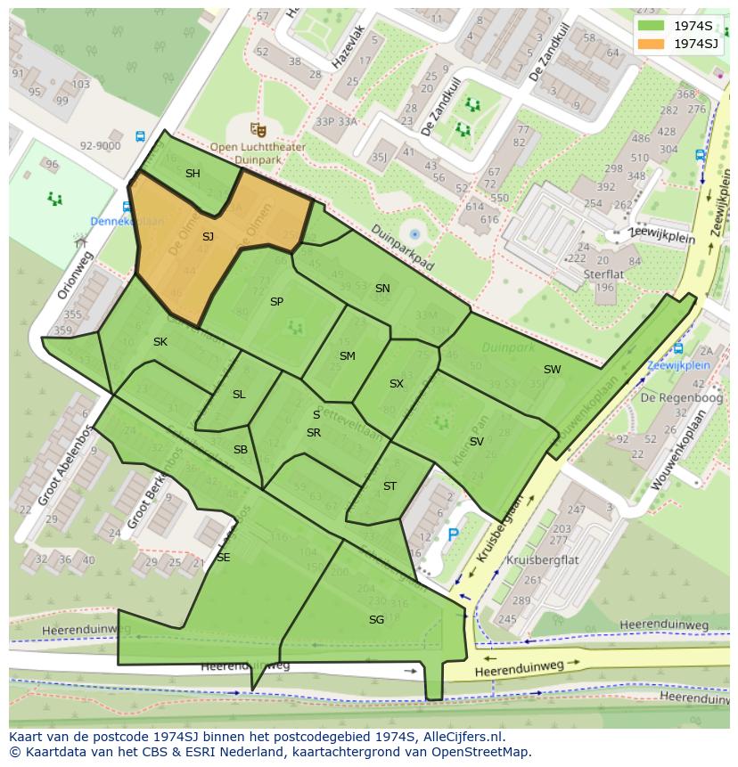 Afbeelding van het postcodegebied 1974 SJ op de kaart.