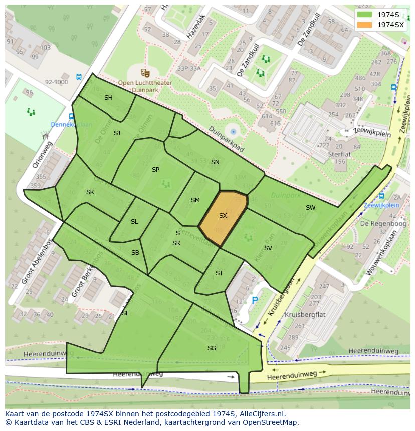 Afbeelding van het postcodegebied 1974 SX op de kaart.