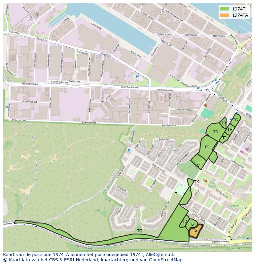 Afbeelding van het postcodegebied 1974 TA op de kaart.
