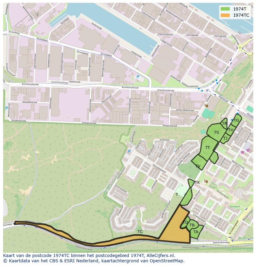 Afbeelding van het postcodegebied 1974 TC op de kaart.