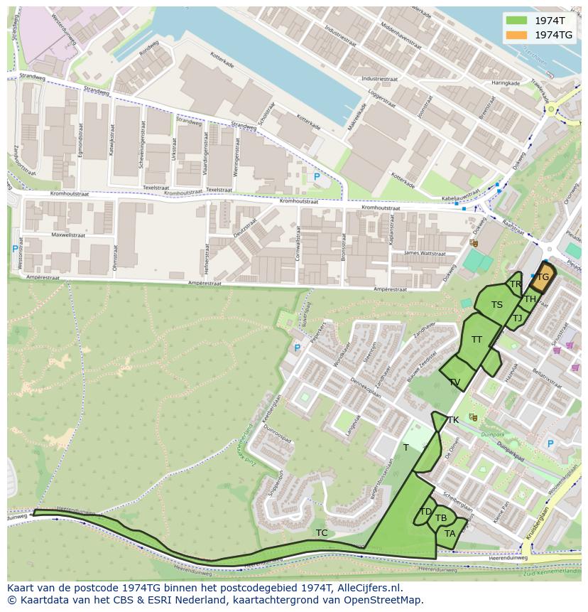 Afbeelding van het postcodegebied 1974 TG op de kaart.