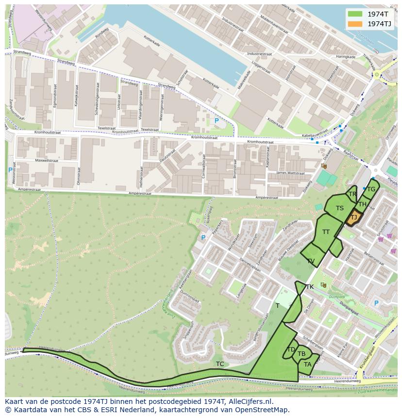 Afbeelding van het postcodegebied 1974 TJ op de kaart.