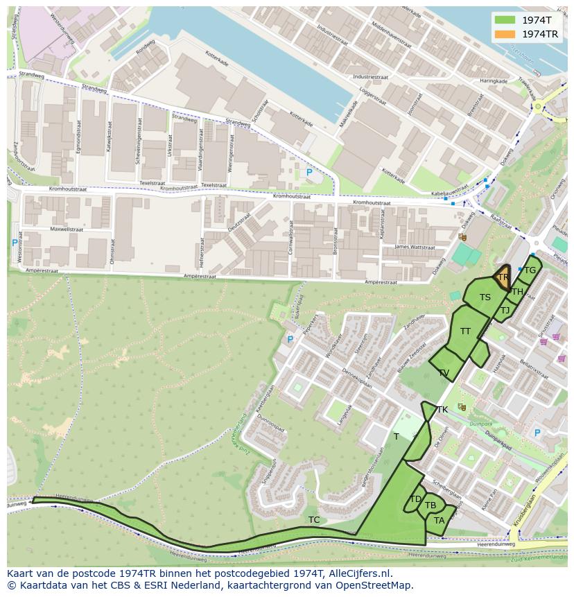 Afbeelding van het postcodegebied 1974 TR op de kaart.
