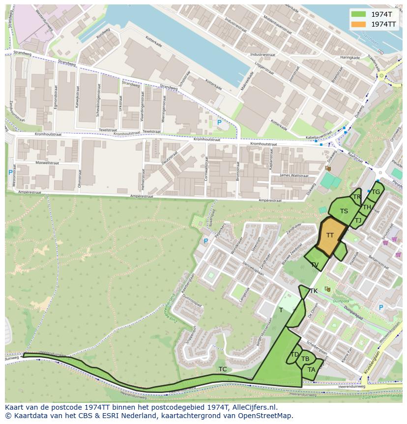 Afbeelding van het postcodegebied 1974 TT op de kaart.