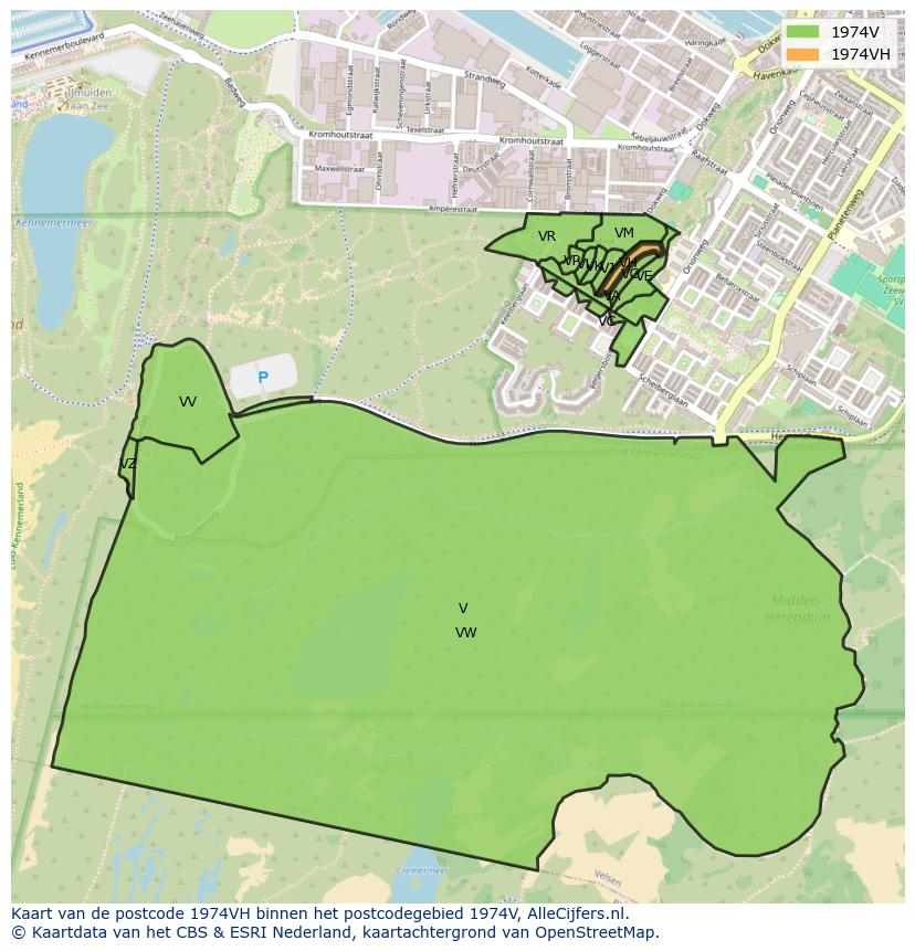 Afbeelding van het postcodegebied 1974 VH op de kaart.