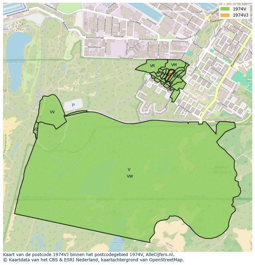 Afbeelding van het postcodegebied 1974 VJ op de kaart.