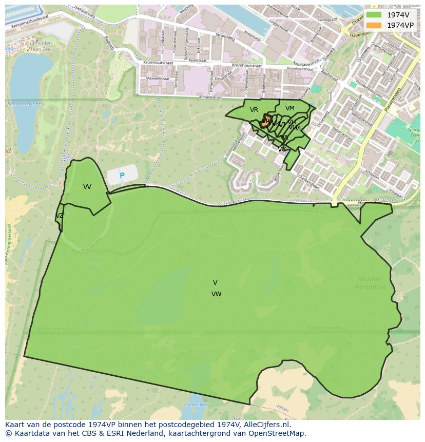 Afbeelding van het postcodegebied 1974 VP op de kaart.