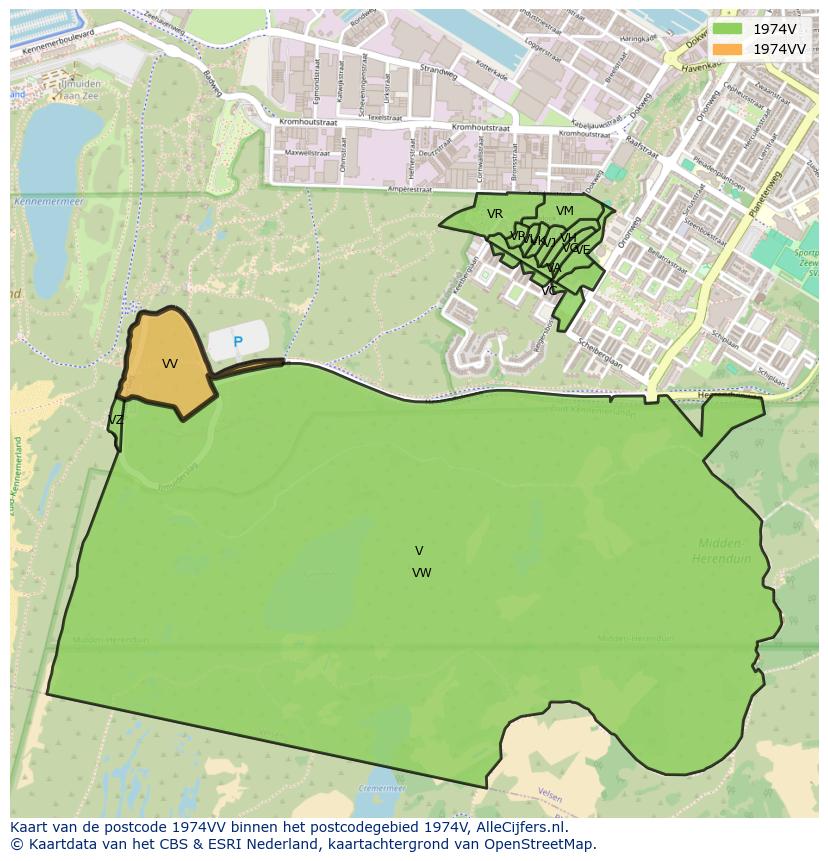 Afbeelding van het postcodegebied 1974 VV op de kaart.