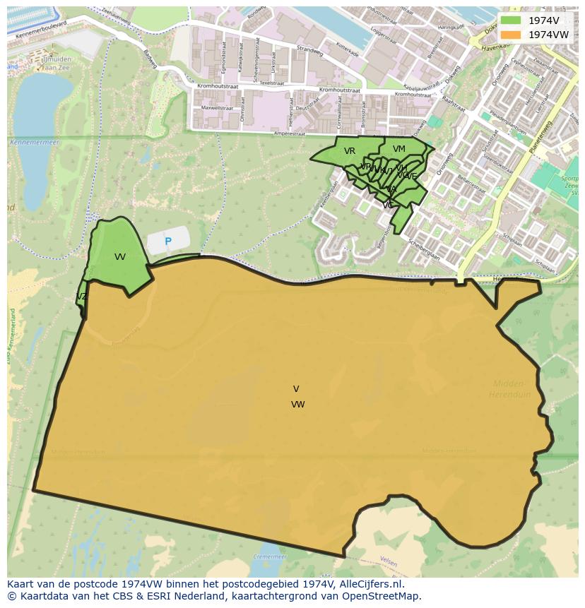Afbeelding van het postcodegebied 1974 VW op de kaart.