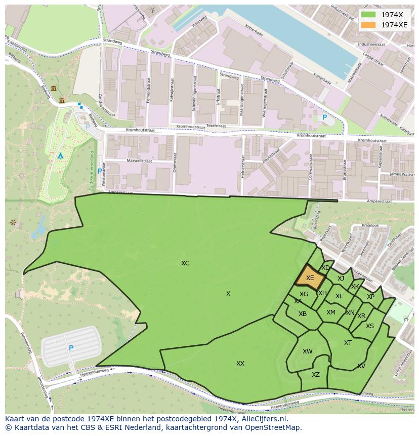 Afbeelding van het postcodegebied 1974 XE op de kaart.