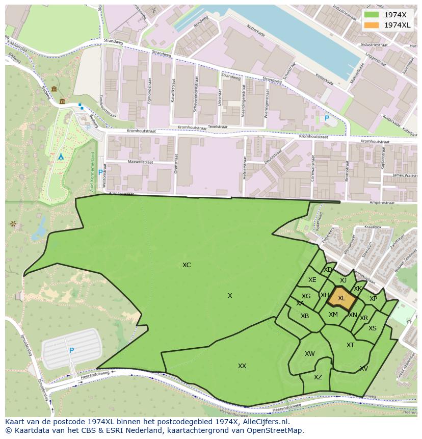 Afbeelding van het postcodegebied 1974 XL op de kaart.