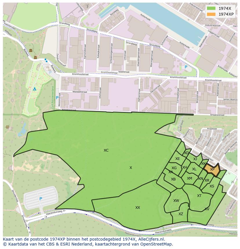 Afbeelding van het postcodegebied 1974 XP op de kaart.