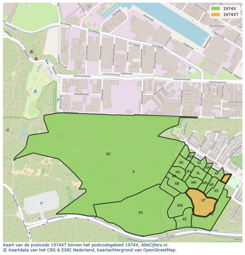 Afbeelding van het postcodegebied 1974 XT op de kaart.