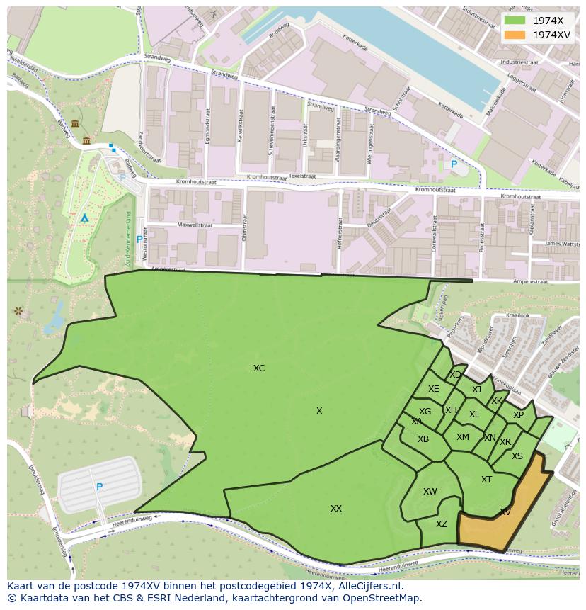 Afbeelding van het postcodegebied 1974 XV op de kaart.