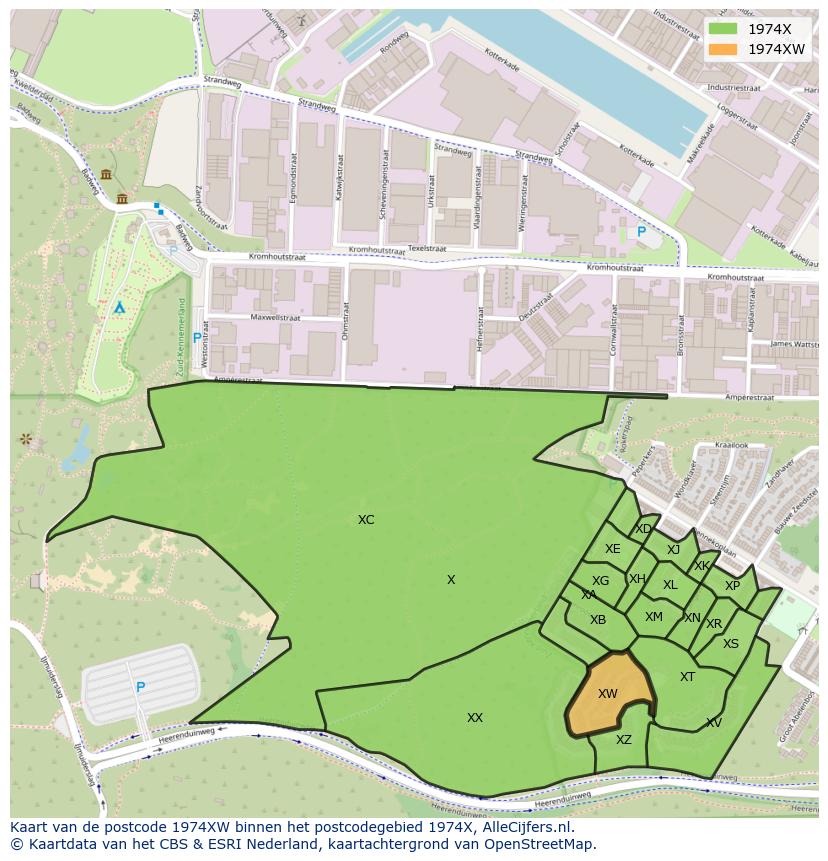 Afbeelding van het postcodegebied 1974 XW op de kaart.