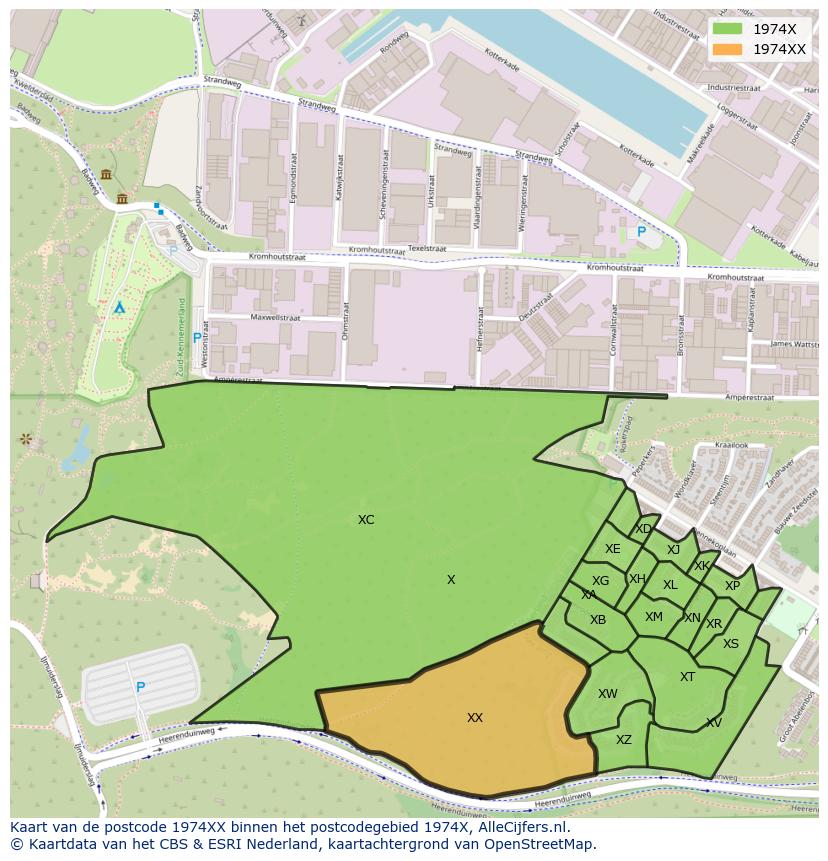 Afbeelding van het postcodegebied 1974 XX op de kaart.
