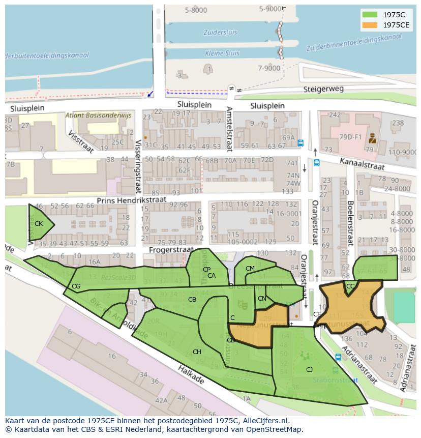 Afbeelding van het postcodegebied 1975 CE op de kaart.