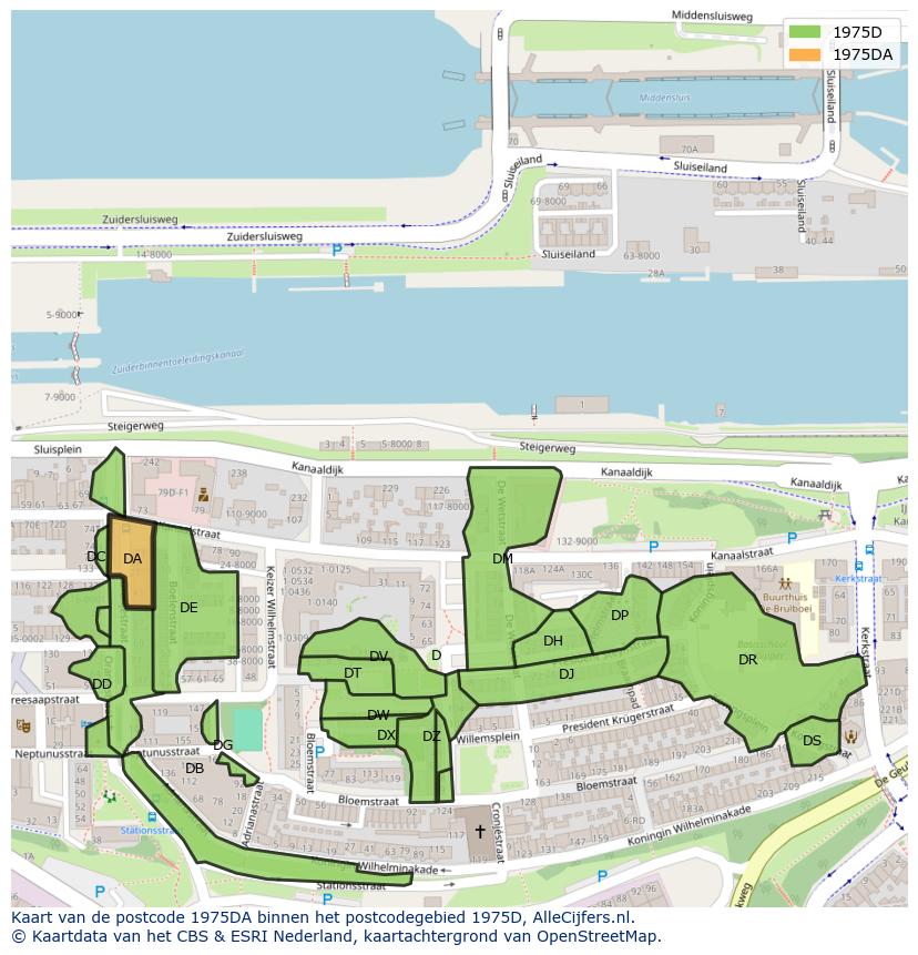 Afbeelding van het postcodegebied 1975 DA op de kaart.