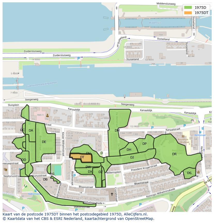 Afbeelding van het postcodegebied 1975 DT op de kaart.